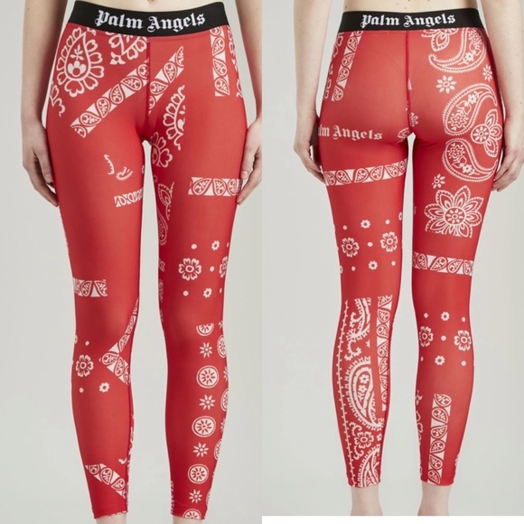 Palm Angels Pants - Authentic PALM ANGELS leggings red white bandana print black logo waistband XS